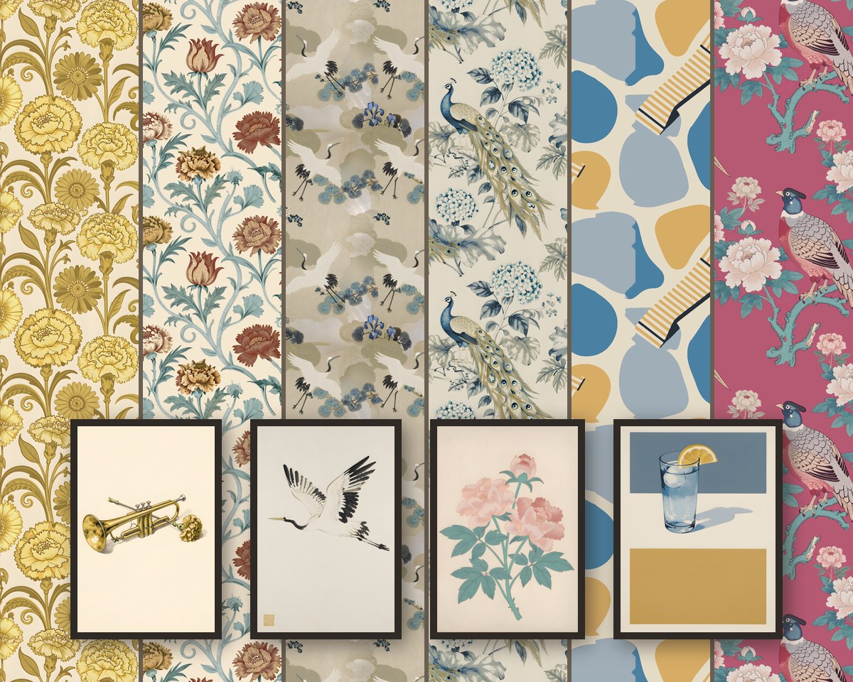 Strips of six hero patterns, from golden carnations and Jacobean florals to cranes, peacocks, poolside shapes and raspberry pheasants, with four framed prints in front: a trumpet, a crane in flight, a pink peony and a glass of iced lemon water