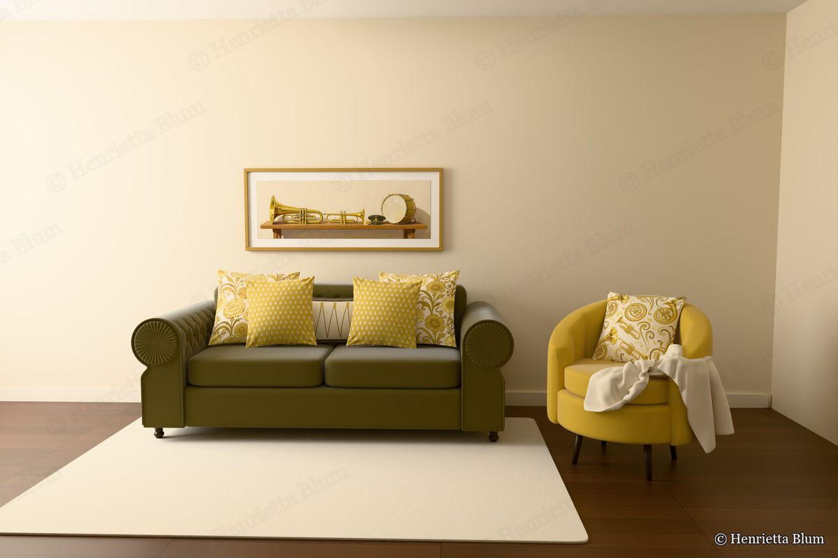 Olive chesterfield sofa with carnation and brass-band cushions, a mustard armchair and a brass-instrument shelf print