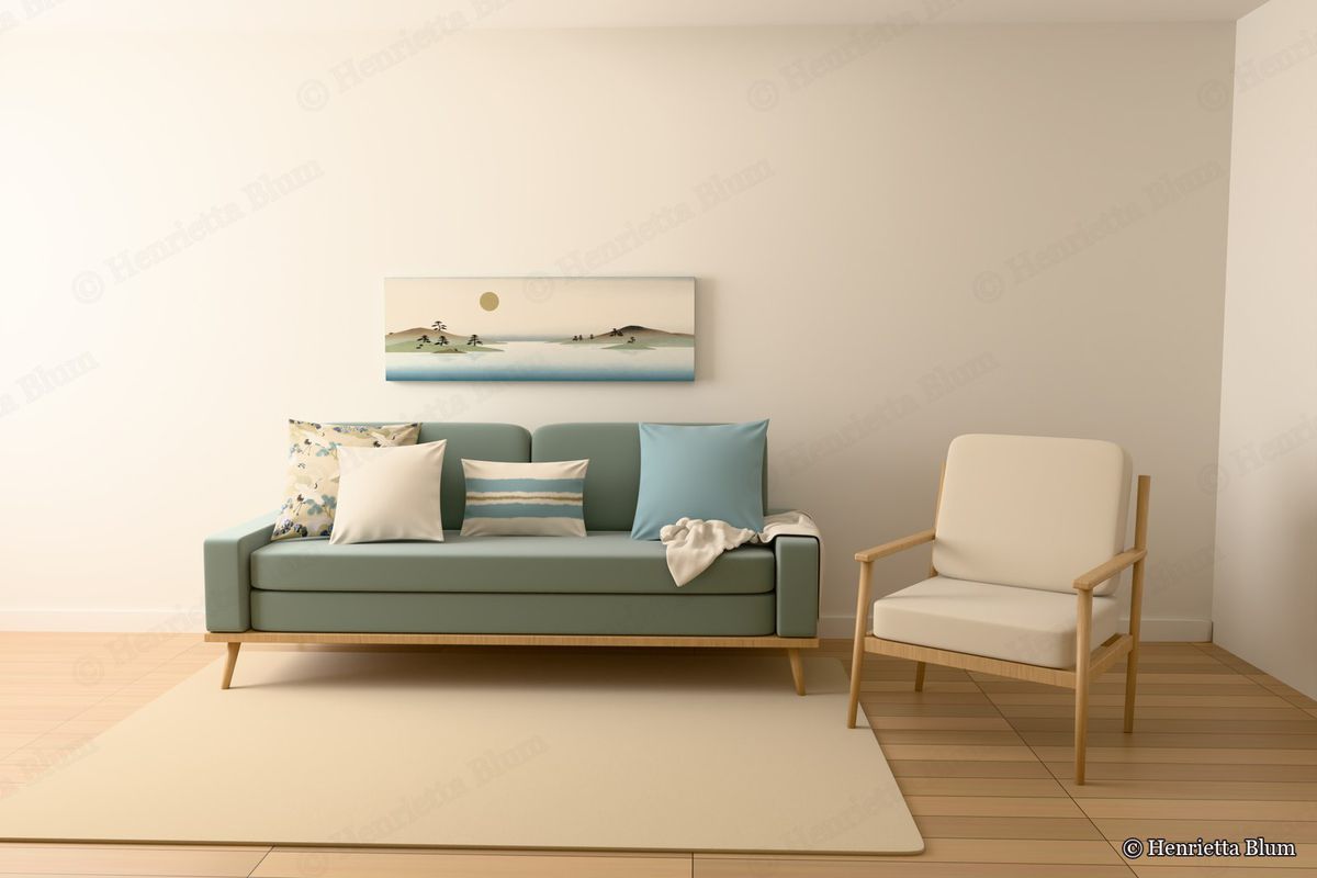 Japandi living room: sage sofa with crane, stripe and blue cushions, an oak armchair and a landscape print