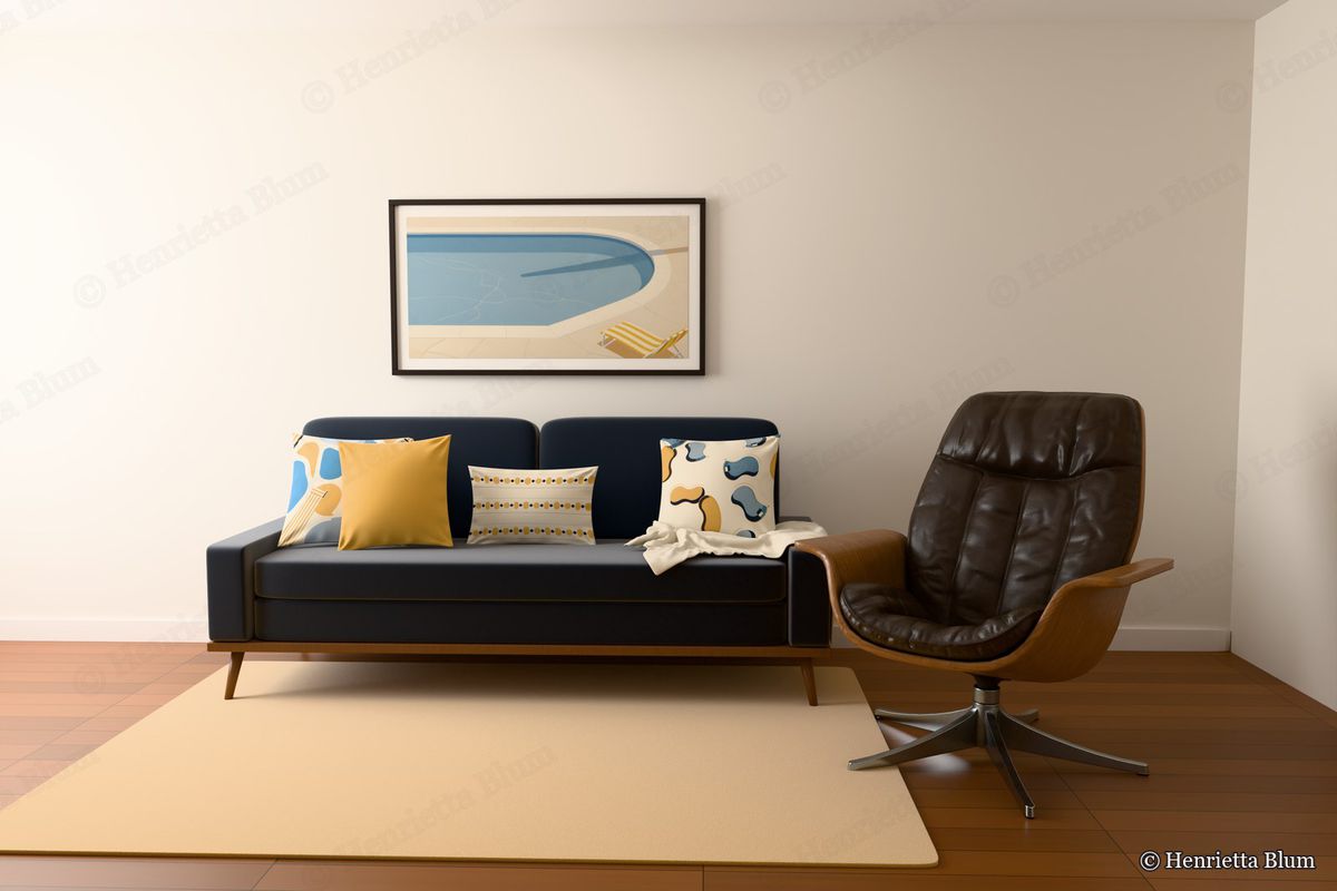Navy mid-century sofa with poolside and lemon cushions, a leather lounge chair and a swimming-pool print