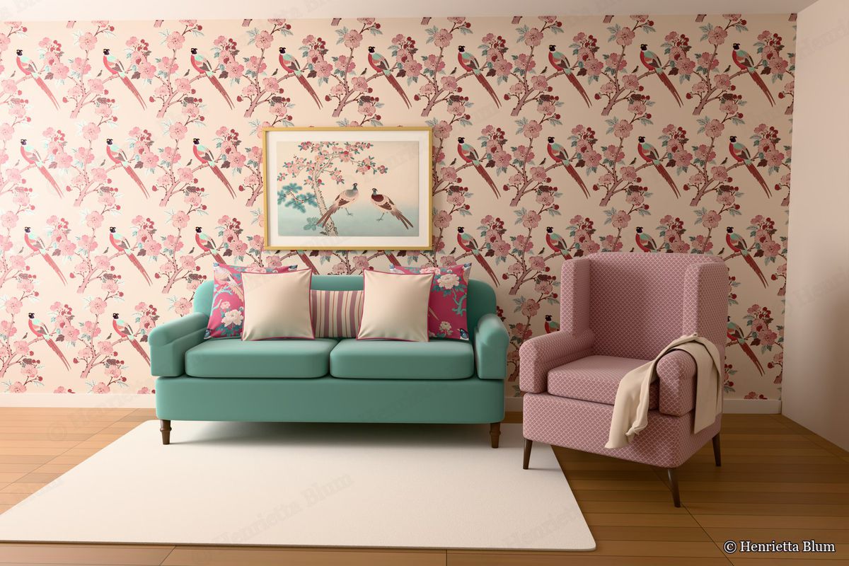 Room with Raspberry Pheasant wallpaper, a jade sofa and a blush armchair